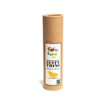 A tube of Cocoa Loco Orange Milk Chocolate Thins against a white background. The packaging features the Fairtrade logo.
