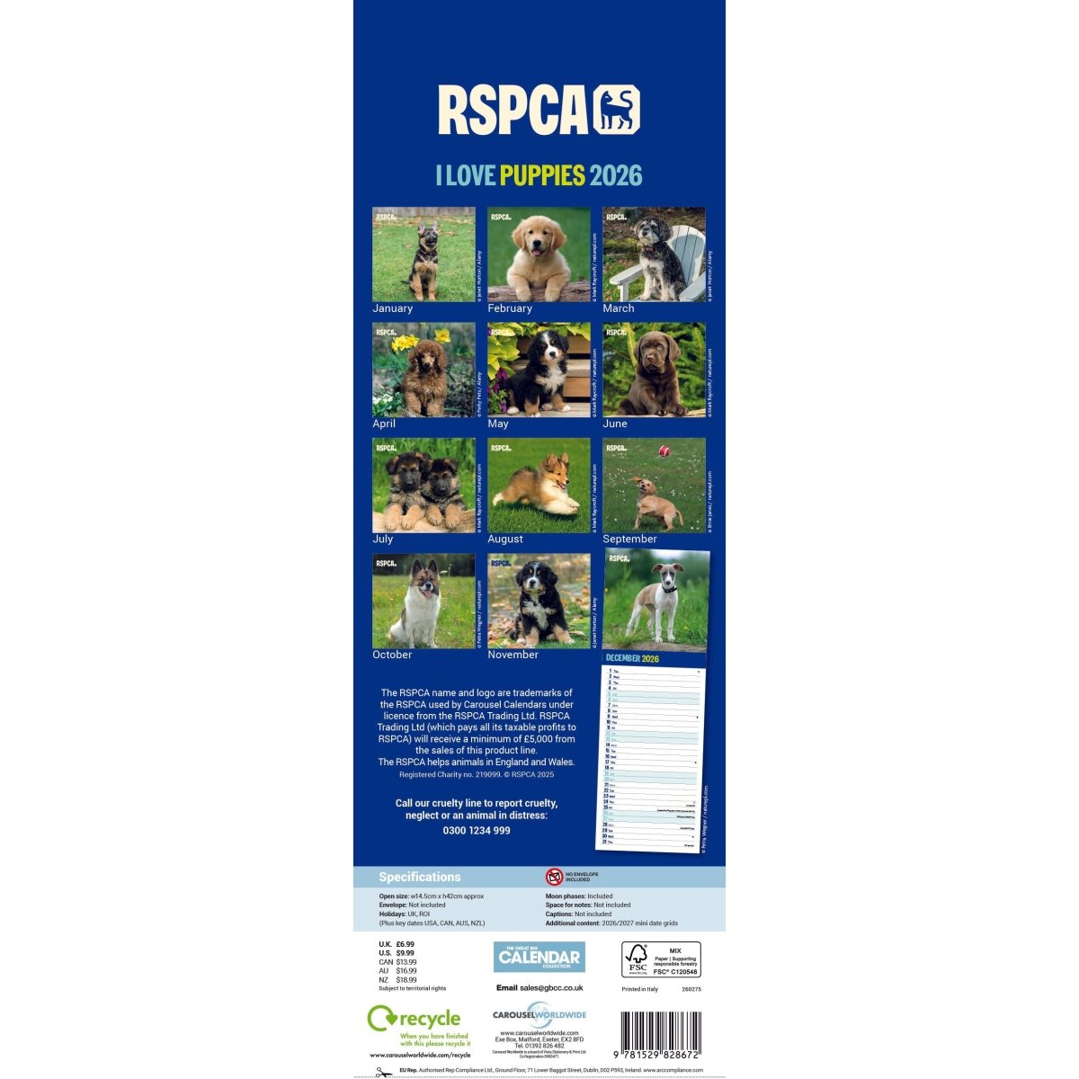 RSPCA I love Puppies Slim 12 Month Calendar 2026