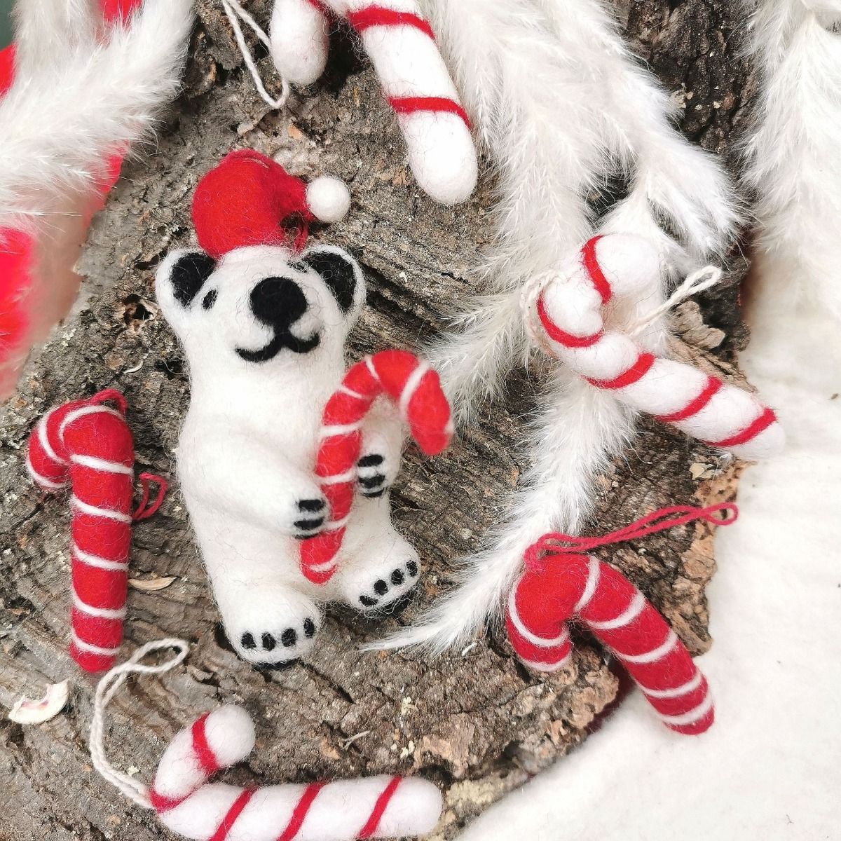 Handmade Felt Candy Cane Set of 5 Hanging Christmas Decorations