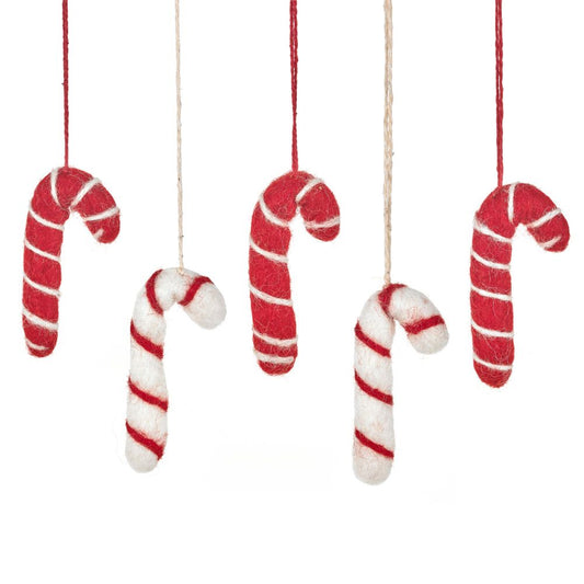 Handmade Felt Candy Cane Set of 5 Hanging Christmas Decorations