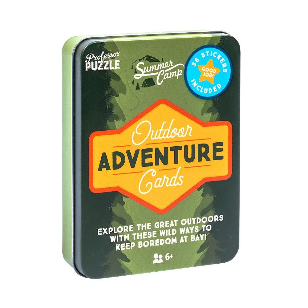 The Outdoor Adventure Cards tin. The tin is green, with illustrations of trees. 