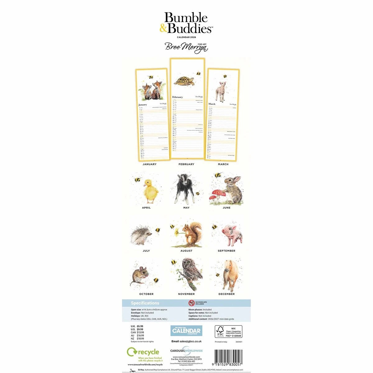 Bree Merryn Bumbles and Buddies Slim Wall Calendar 2026