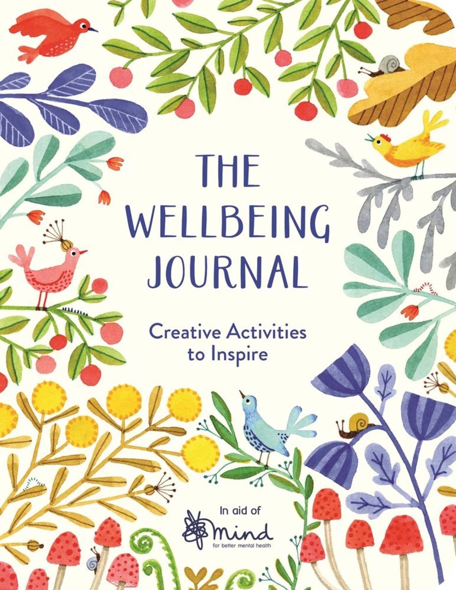 The cover of a wellbeing journal featuring colourful illustrations of birds, plants, mushrooms and berries.