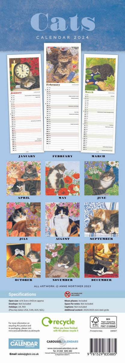 Cats By Anne Mortimer Slim Calendar 2024