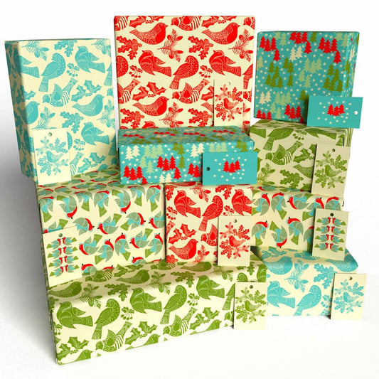 Christmas Folk Robins Ten Pack Recycled Wrapping Paper by Kate Heiss